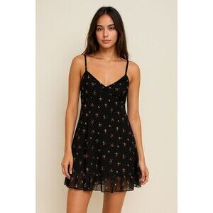 See You Monday Babydoll Dress XS Black Floral Chiffon Y2K Whimsigoth Dark Fairy